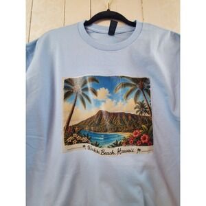 Waikiki Beach Hawaii Blue Tropical Palm Tree Graphic Unisex Crew Neck T-shirt L